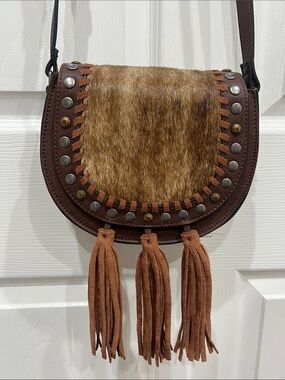 Tony Lama Brown Leather Crossbody Bag with Hyde Front and Fringe Tassels